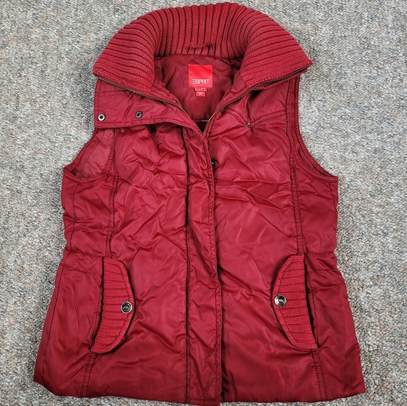 Esprit Jackets & Blazers - Esprit Puffer Vest With Knit Collar Burgundy Small
